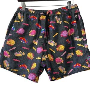 Agnes + Milo Men’s Black Colorful Fish Print Swim Beach Trunks Shorts-Size Large